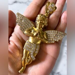 SPECTACULAR HUGE Custom 10k Yellow Gold 6 CTW CZ ANGEL Pendant 26.2 grams